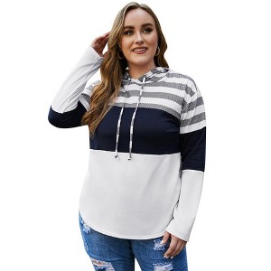 WhizMax Women Plus Size Striped Color Block hoodie Drawstring Long Sleeve Hooded Pullover Sweatshirt - 1 of 4