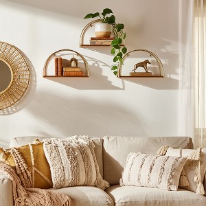 Wall storage metal and acacia wood half-circle frame 18" brown and metallic gold finish for home office bedroom or living room boho decor set of 3 - 1 of 4