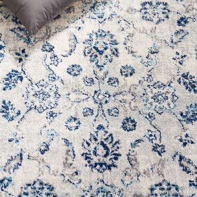 Ivory and Blue Hand-Knotted Round Synthetic Area Rug