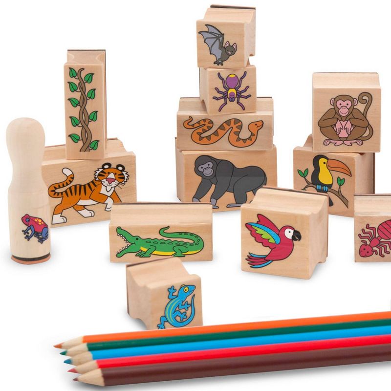 Melissa &#38; Doug Stamp-a-Scene Stamp Set: Rain Forest - 20 Wooden Stamps, 5 Colored Pencils, and 2-Color Stamp Pad, 4 of 11