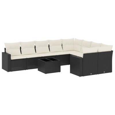 vidaXL 10 Piece Patio Sofa Set with Cushions Black Poly Rattan - Black and Cream With Table
