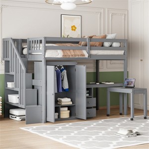 RISOKEYS Twin Size Loft Bed - Bed with Stairs, Bookshelf, Drawers, Desk & Wardrobe, Space-Saving Multifunctional Furniture for Kids & Teens - 1 of 4