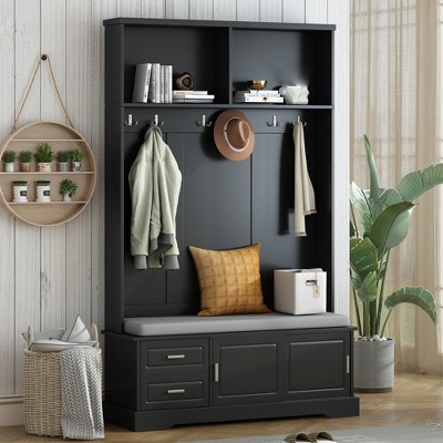 Entryway Hall Tree with Storage Bench, 78.7" Entryway Bench with Coat Rack & Sliding Door, Mudroom Bench with 6 Hooks for Living Room Entranc