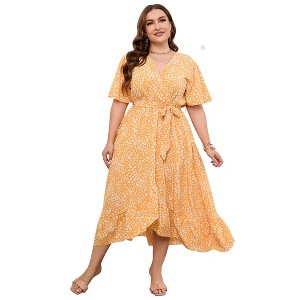 Clearlove Women's Spring and Summer Plus Size Floral V Neck Short Sleeve A Line Long Dress - 1 of 4