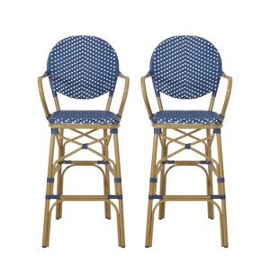 Christopher Knight Home 2pc Vande Wicker and Aluminum Outdoor Patio 29.5" French Barstools Navy Blue/White/Bamboo Print Finish - 1 of 4