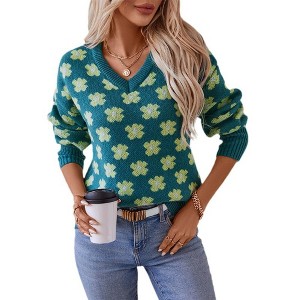 Womens V Neck Daisy Flower Print Sweaters Long Sleeve Color Block Fall Sweater Loose Warm Knit Pullover Tops - 1 of 4