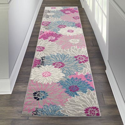 Nourison Passion Grey Floral Polypropylene Area Rug 2'2" x 10'