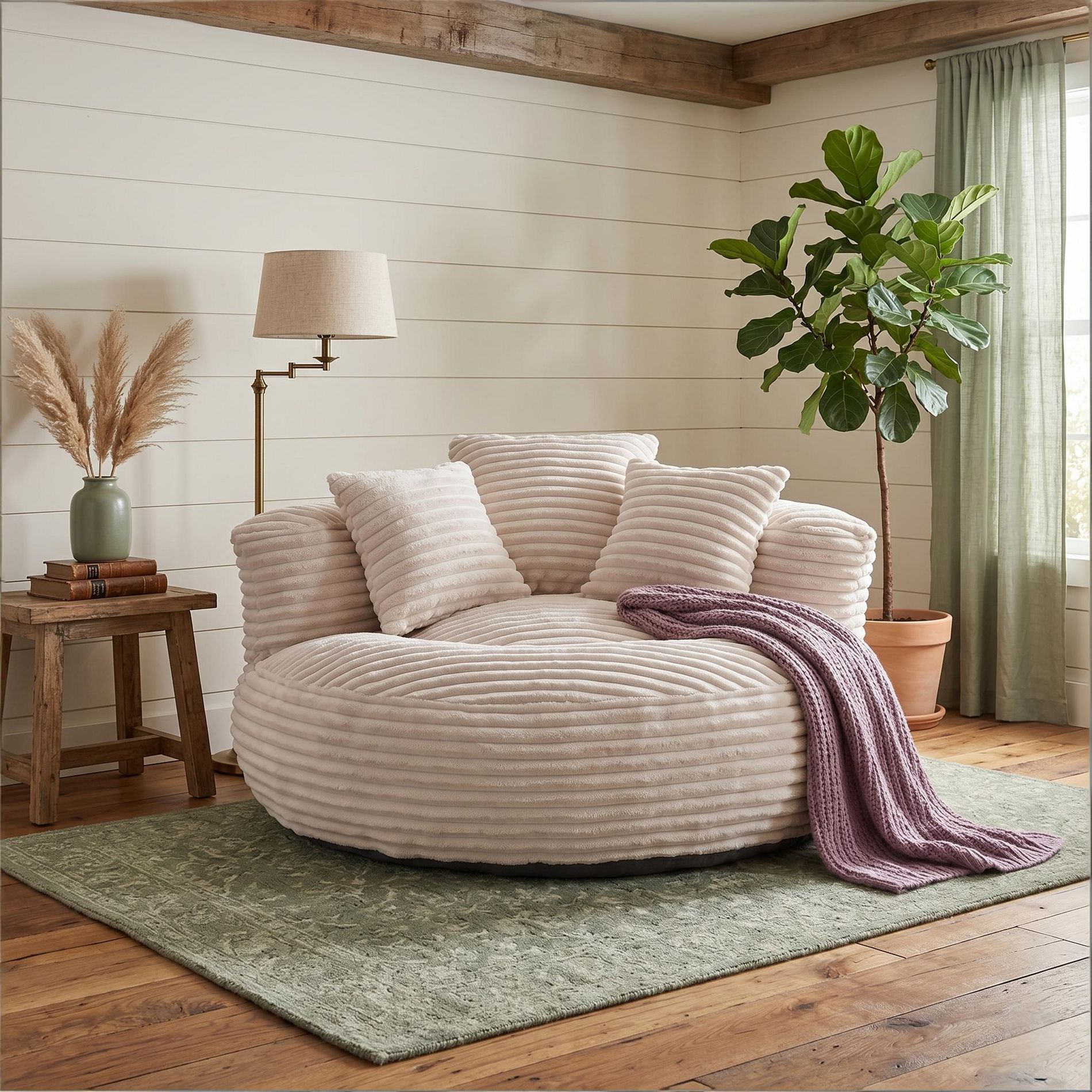 Giant Corduroy Bean Bag Sofa with Armrest & 3 Pillows, Aesthetic Cloud Chair for Adults, Comfy Memory Foam Lazy Couch for Living Room, Bedroom Vibe