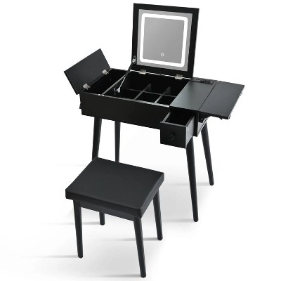 27.9'' Black Makeup Vanity Desk with Flip Top Mirror and LED Light, Dressing Table with Charging Station, 2 Drawers and Fold-up Panel