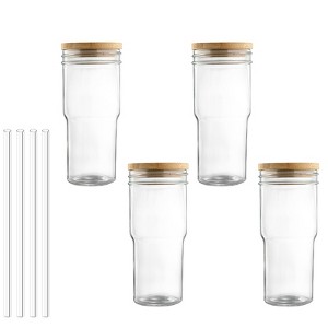 Itopfox Mason Jar with Lid and Straw, 24 oz Iced Coffee Cup with Bamboo Lid, Reusable Glass Tumbler for Boba, Smoothie, Wide Mouth Cups with Straws - 1 of 4