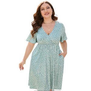 Clearlove Plus Size Dresses for Curvy Women Floral Sleeves Tiered Layers Casual Mini Dress with Pocket - 1 of 2