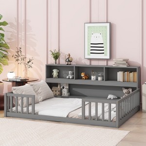 KTMBDW Kids Montessori Floor Bed, Twin/Full Size Floor Bed with Bookcase and Shelves, Bed Frame with Guardrails for Kids, Girls, Boys, Gray - 1 of 4