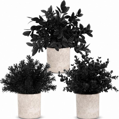 BRINJOY 3-Pack Black Mini Potted Artificial Eucalyptus Plants - Small Fake Topiaries for Halloween, Home, and Office Desk Decor