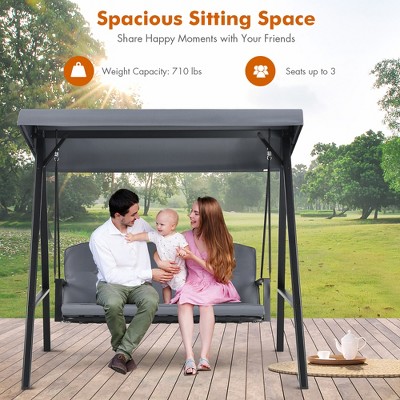 Gray Steel 3-Seat Outdoor Porch Swing with Adjustable Canopy