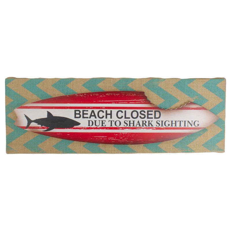 Northlight Rectangular Burlap Covered "Beach Closed" Shark Bite Surfboard Wall Art 24", 1 of 5