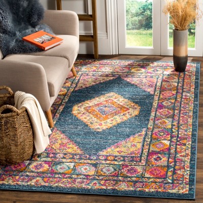 Blue and Fuchsia Square Bohemian Synthetic Area Rug