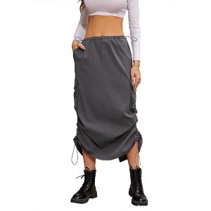 Women's Midi Cargo Skirt Ruched Drawstring Side High Waist Casual Skirts Streetwear with Pockets - 1 of 4
