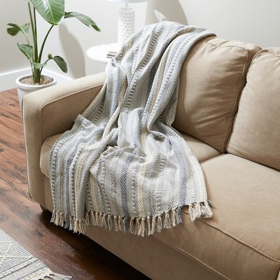 French Blue Cotton Braided Stripe Throw Blanket with Fringe