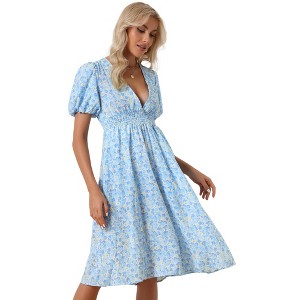 Allegra K Women's Floral Deep V Neck Smocked Waist Casual Summer Midi Dress - 1 of 4