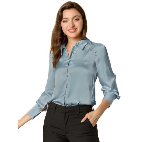 Women Tops Solid Button Front Blouse (Color : Dusty Blue, Size : X-Small) :  : Clothing, Shoes & Accessories