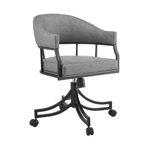 HomeRoots Gray And Black Upholstered Faux Leather Open Back Dining Arm Chair With Wheels - 1 of 4