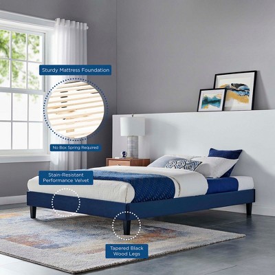 Elegant Navy King Platform Bed with Velvet Upholstery and Wood Frame