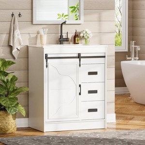 PAKASEPT 30" Farmhouse Bathroom Vanity with Sink, Freestanding Modern Bathroom Storage Vanity Cabinet w/Sliding Barn Door, 3 Drawers - 1 of 4
