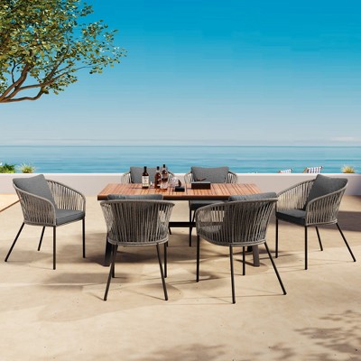 Chic Crate-7-Piece Patio Dining Set – Acacia Wood Table & Metal Frame, All-Weather Outdoor Furniture for Garden, Backyard & Balcony, Slate Grey