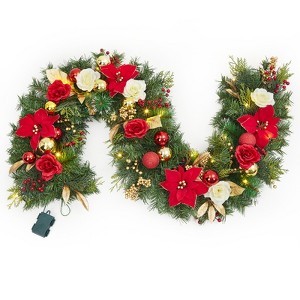 6ft Christmas Garland with Lights, Berries & Balls, Battery Operated Christmas Decor for Fireplace, Stairs, Window, Office, Home, Apartment, Red - 1 of 4