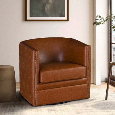 Brown Faux Leather Barrel Swivel Accent Chair with Wood Frame