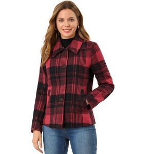 Allegra K Women's Detachable Collar Plaid Check Button Up Pea Coat - 1 of 4