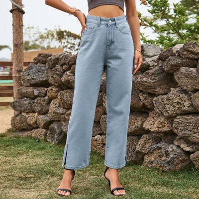 Womens Jeans Slit Hem Denim Pants Casual Straight Leg Jeans