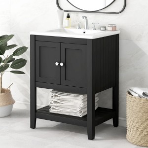 NicBex 24"Modern Bathroom Vanity with Top Ceramic Sink Combo,Solid Wood Frame&3 Shelves,Freestanding Basin Vanity Cabinet,4"Pre-drilled Faucet - 1 of 4