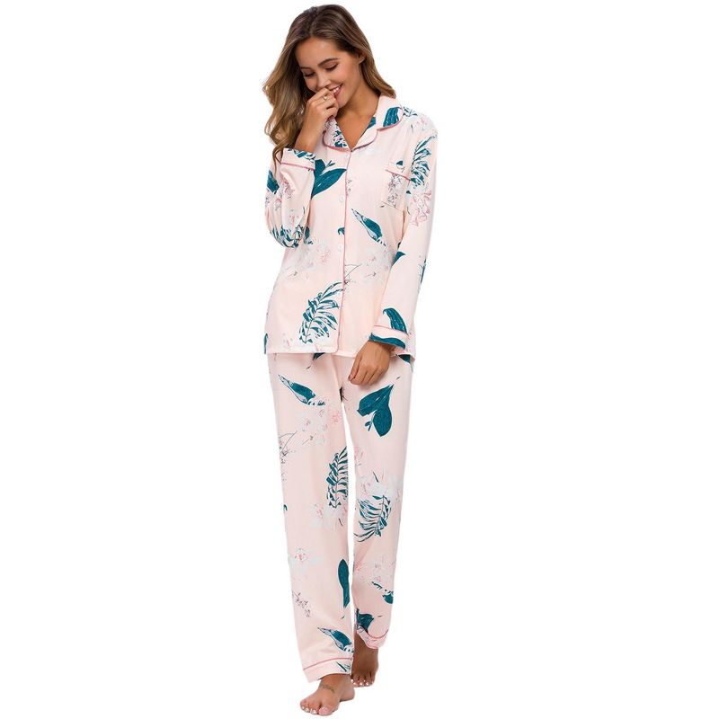 cheibear Women's Satin Silky Floral Button Down Long Sleeve Sleepshirt with Pants 2-Piece Pajama Set, 2 of 6