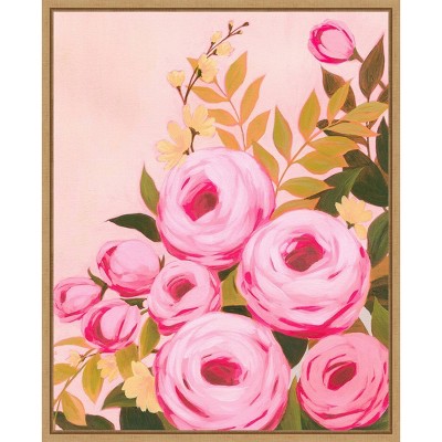 Vibrant Roses II Pink Floral Canvas Art with Maple Frame