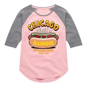 Girls' - Instant Message - Chicago Hot Dog Skyline Shirt Tail Raglan Graphic T-shirt - 1 of 4