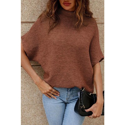 I AM A FASHION JUNKY Coffee Mock Neck Short Batwing Sleeve Sweater Coffee XL