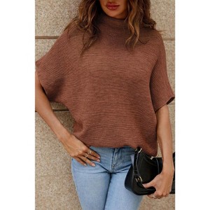 I AM A FASHION JUNKY Coffee Mock Neck Short Batwing Sleeve Sweater Coffee S - 1 of 4