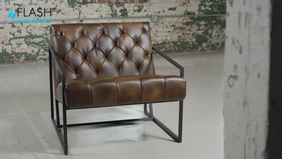 Retro Blue Tufted Leather Lounge Chair with Metal Frame