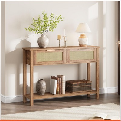 Homhougo Entryway Table with 2 Drawers, Console Table for Entryway, Wood Sofa Table with Storage Tan