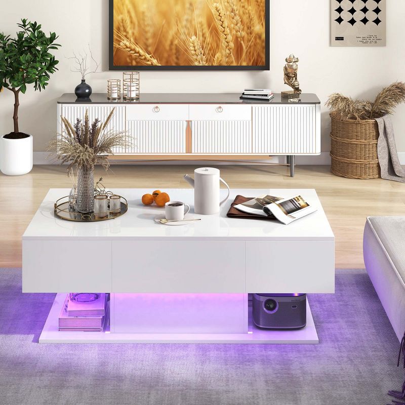 Costway LED Coffee Table with 2 Drawers 20-Color Dimmable LED Lights & Remote Control White/Black, 4 of 11