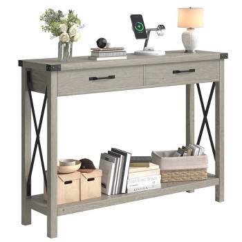 Console Table with 2 Drawers, Farmhouse Entryway Table with Storage Shelf, Accent Wood Sofa Table for Living Room, Hallway, Foyer-Grey