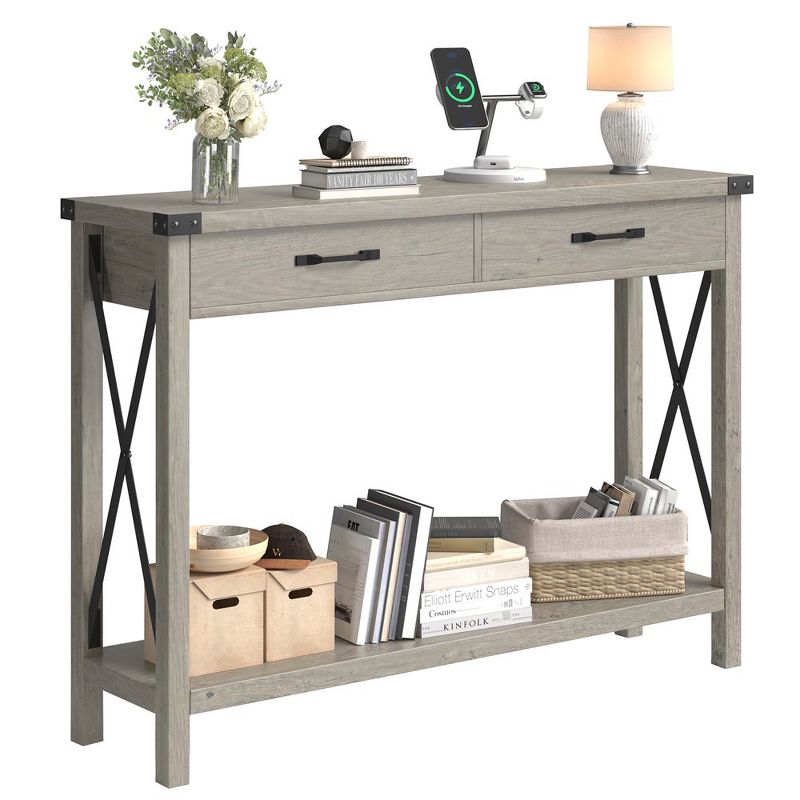 Console Table with 2 Drawers, Farmhouse Entryway Table with Storage Shelf, Accent Wood Sofa Table for Living Room, Hallway, Foyer-Grey, 1 of 7