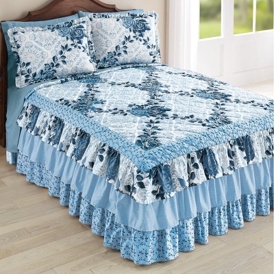 Queen Blue Floral Medallion Ruffled Polyester Bedspread