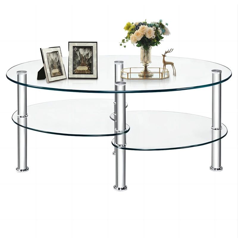SKONYON Oval Dining Table Glass Coffee Table with Storage Side Shelf and Metal Legs, 1 of 7