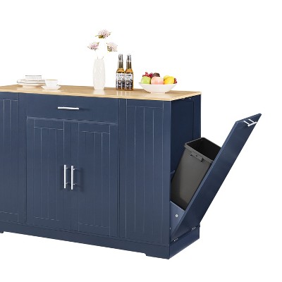 Vynxaria 53" Kitchen Storage Island - Tilt-Out Trash Cabinet (Fits 13-Gallon Can), Drawers, Barn Door Spice Rack,Blue