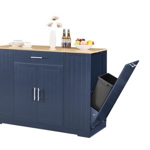 Vynxaria 53" Kitchen Storage Island - Tilt-Out Trash Cabinet (Fits 13-Gallon Can), Drawers, Barn Door Spice Rack,Blue - 1 of 4