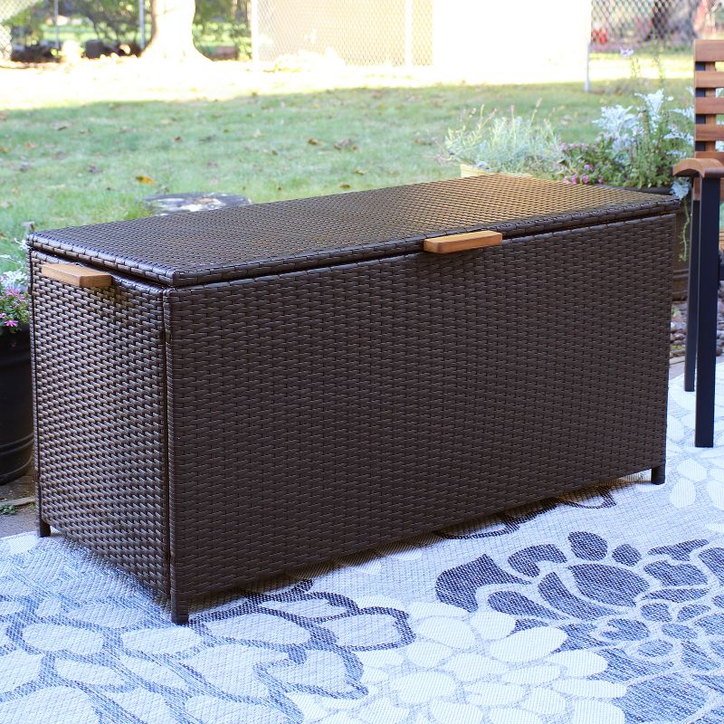 Sunnydaze 75 Gallon Indoor/Outdoor Acacia Wood and Resin Wicker Storage Deck Box with Hinged Lid, 2 of 13