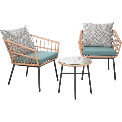 My Depot Outdoor Rattan Chair 3 Piece Set 3 Piece Set With Tempered Coffee Table and Wicker Chair for Garden Balcony Backyard