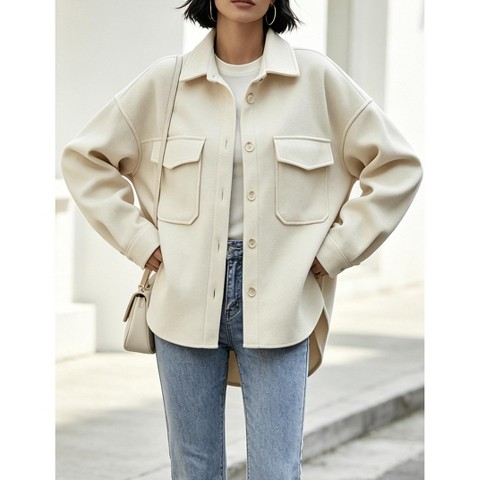 Женское пальто YesFashion Women Lapel Collar Double Pocket Button Front Oversized Loose Fall Outerwear Shirt Coat, L, Beige, цвет: Бежевый